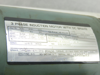0.1Kw 3 Phase 4 Pole Induction Motor W/SBV-E71-01 DC Brake