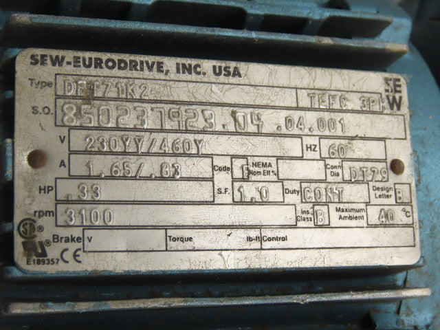 SEW-EURODRIVE S37DT71K2 Gear Motor 1/3HP 6.80:1 Ratio 230YY/460Y 3Ph