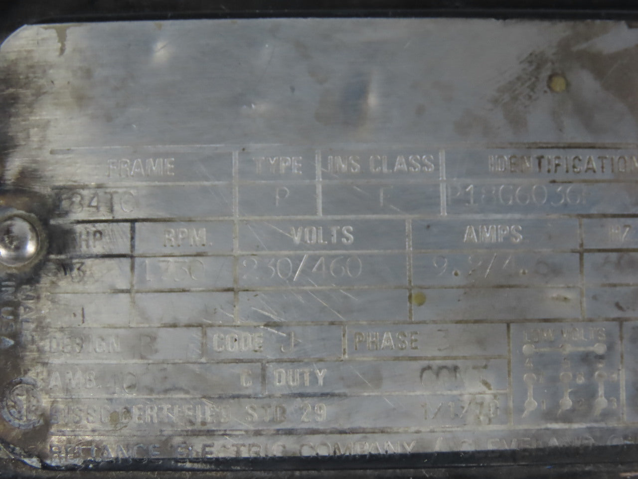 Reliance Electric P18G6036F 3Hp Electric Motor 230/460V 3Ph 184TC Frame 1730RPM