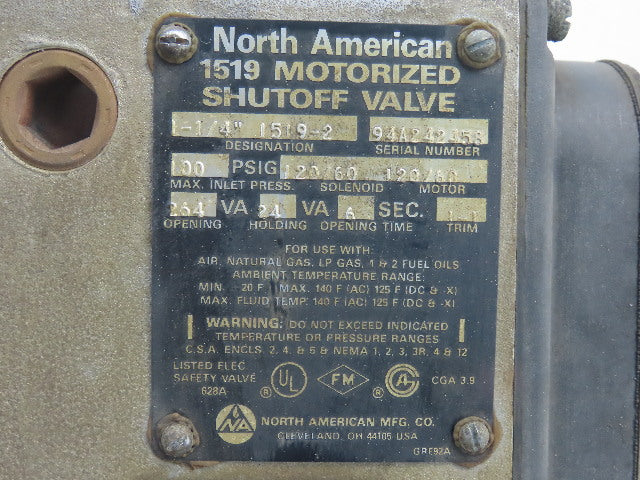 North American 1519-2 Motorized Shutoff Valve 1-1/4" NPT 100PSIG 120V