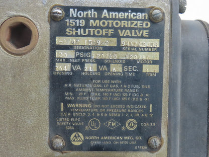 North American 1519-2 Motorized Shutoff Valve 1-1/4" NPT 100PSIG 120V