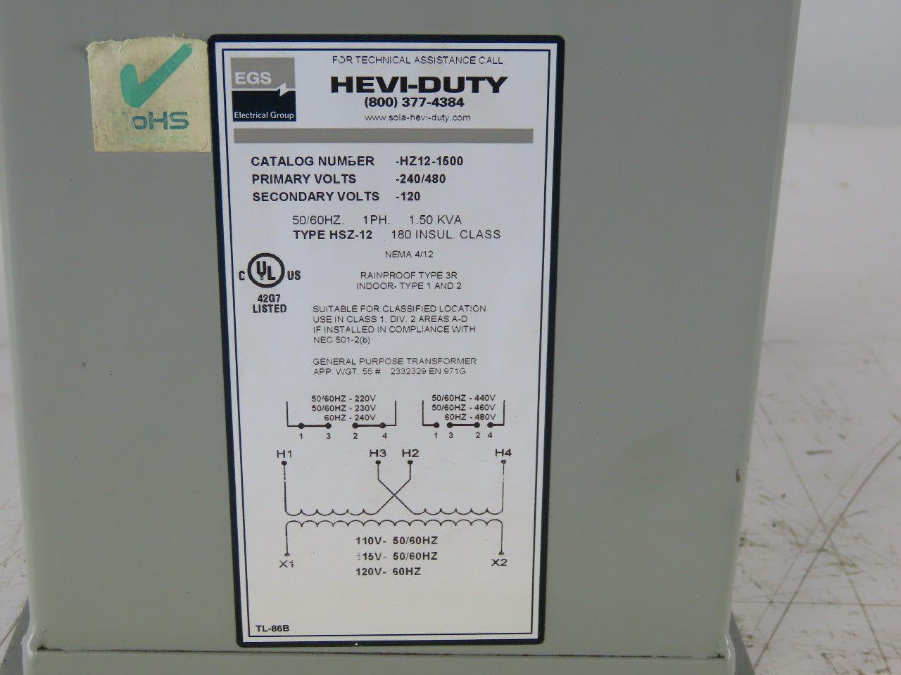 Hevi-Duty HZ12-1500 1.5KVA Electric Transformer 240/480V Pri 120V Sec