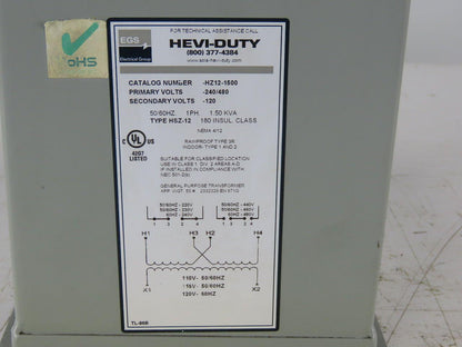 Hevi-Duty HZ12-1500 1.5KVA Electric Transformer 240/480V Pri 120V Sec