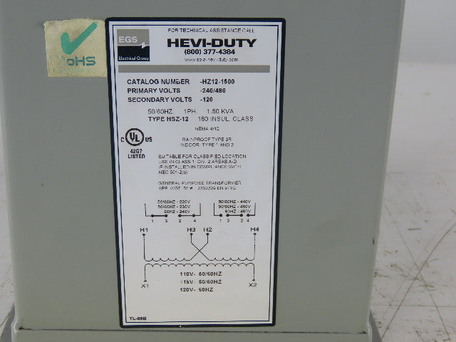 Hevi-Duty HZ12-1500 1.5KVA Electric Transformer 240/480V Pri 120V Sec