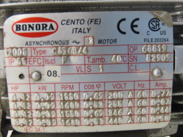 Bonora CS5-6B/4 Gear Motor 230/460V 3Ph 20:1 Ratio 98RPM