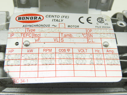 Bonora CS5-6B/4 Gear Motor 230/460V 3Ph 20:1 Ratio 98RPM