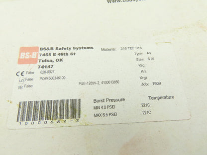 BS & B 6" AV Rupture Disc 316 Stainless Steel 4.0PSDI Min 6.5PSID Max 221°C