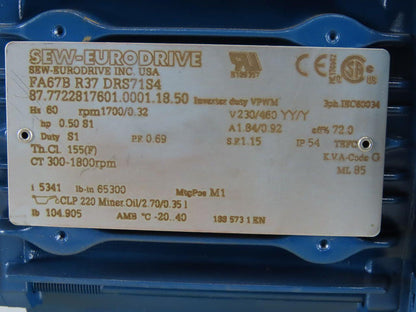 Sew Eurodrive FA67B R37 DRS71S4 Parallel Shaft Helical Gearmotor230/460V 32RPM