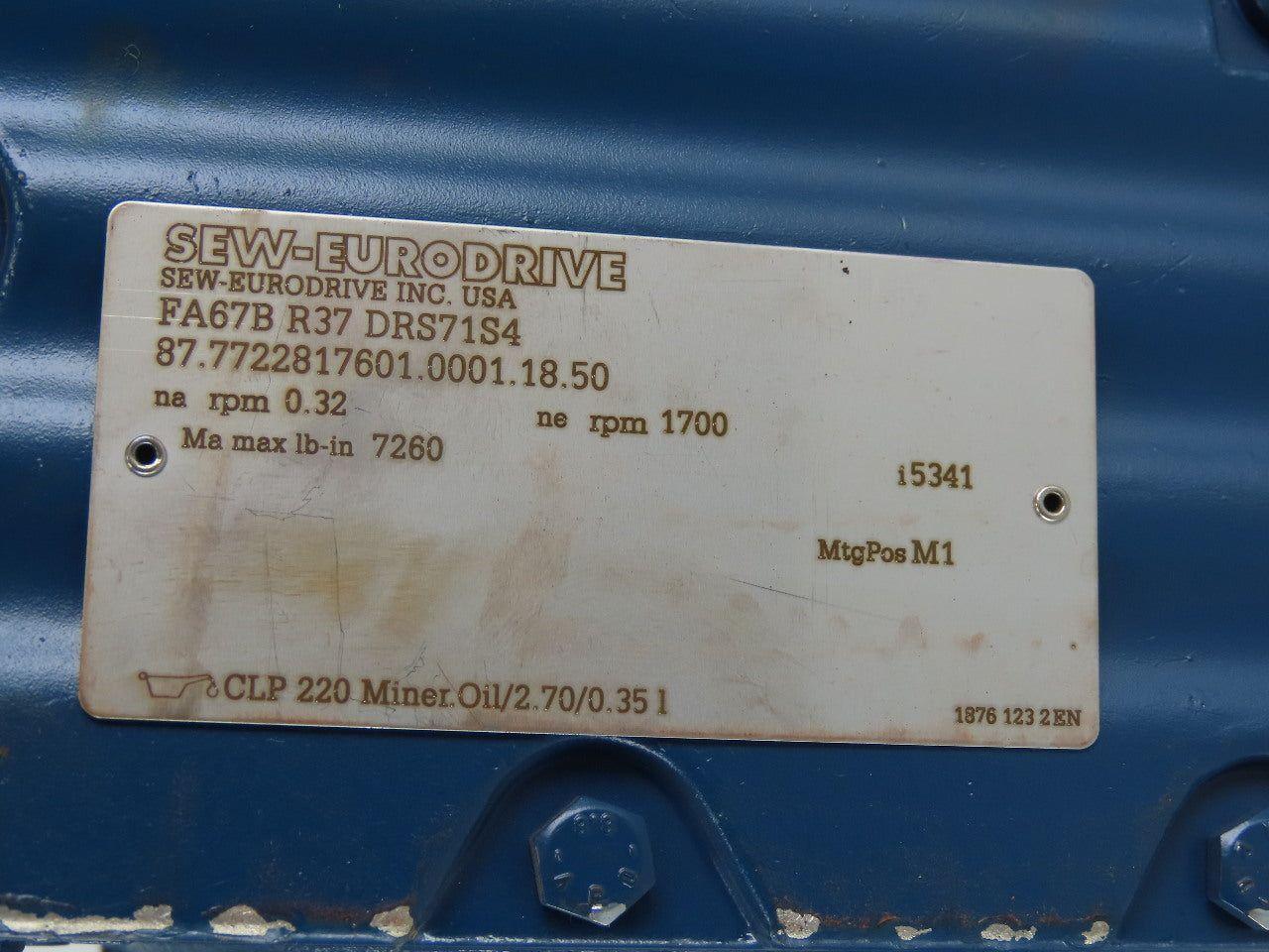 Sew Eurodrive FA67B R37 DRS71S4 Parallel Shaft Helical Gearmotor230/460V 32RPM