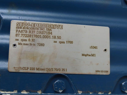 Sew Eurodrive FA67B R37 DRS71S4 Parallel Shaft Helical Gearmotor230/460V 32RPM