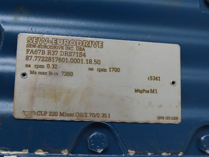 Sew Eurodrive FA67B R37 DRS71S4 Parallel Shaft Helical Gearmotor230/460V 32RPM