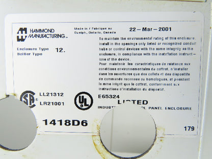 HAMMOND MANUFACTURING Wall Mount Electrical Enclosure JIC 20x20x6" W/Back Plate