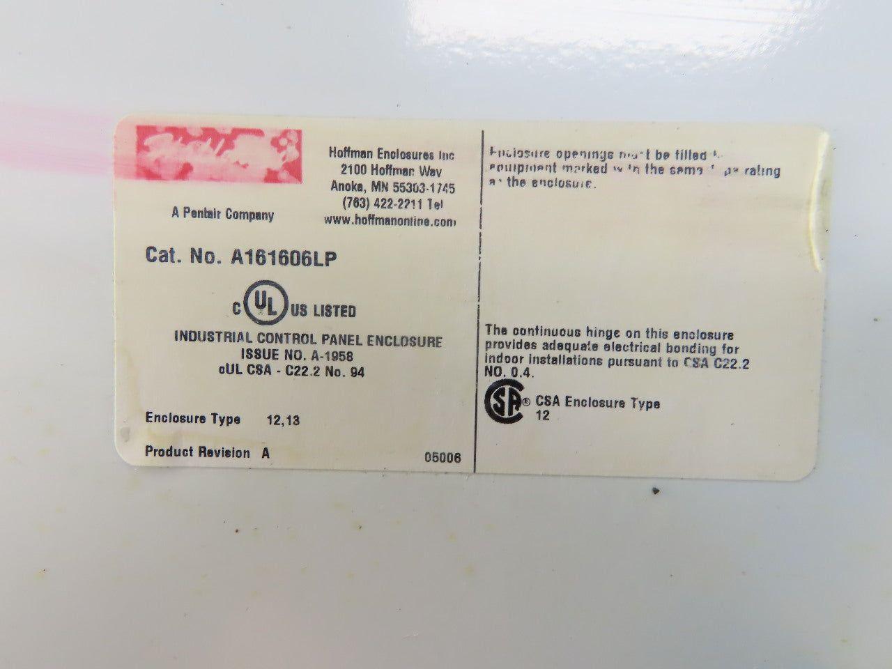 Hoffman A161606LP Wall Mount Electrical Enclosure JIC 16x16x6" W/Back Plate