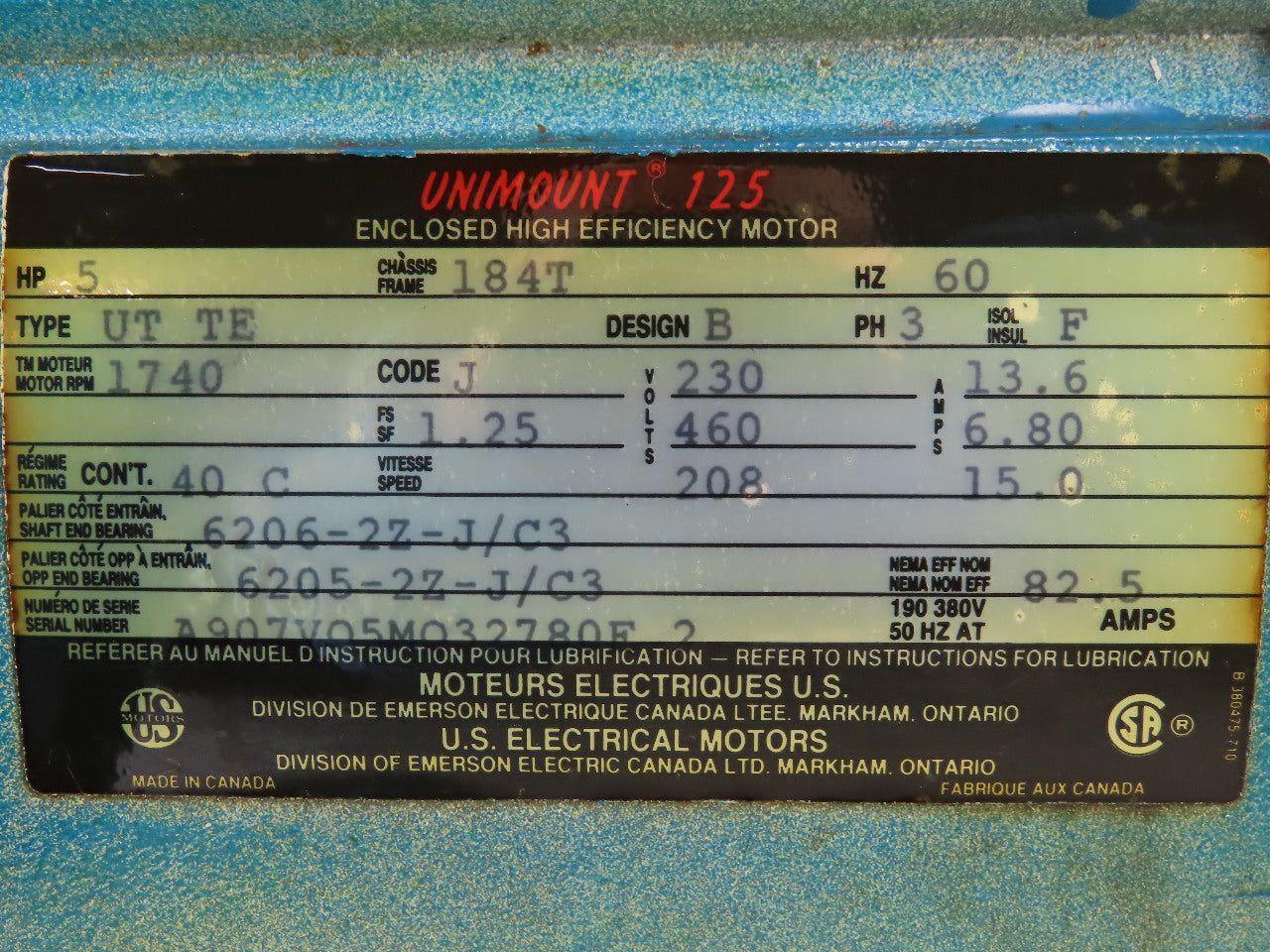 US Motors Uni Mount 125 5 HP Electric AC Motor 1750RPM 208-230/460V 3Ph 184T