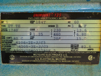 US Motors Uni Mount 125 5 HP Electric AC Motor 1750RPM 208-230/460V 3Ph 184T