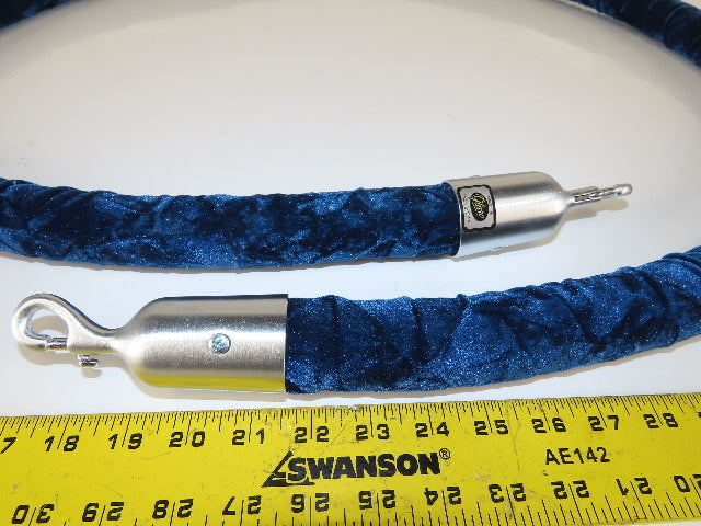 8'x1-1/2" Barrier Rope Blue Velour W/Satin Stainless Steel Snap End