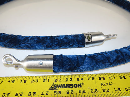 8'x1-1/2" Barrier Rope Blue Velour W/Satin Stainless Steel Snap End