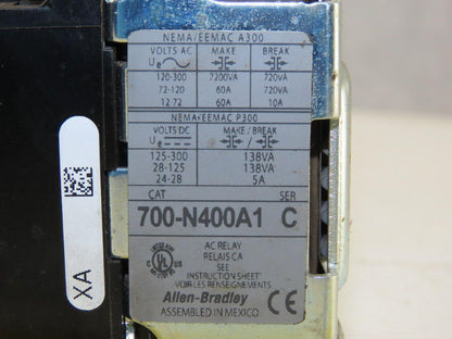 Allen Bradley 700-N400A1 Ser C Control Relay 120V Coil W/700-NA20 Aux Contacts