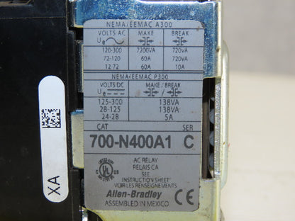 Allen Bradley 700-N400A1 Ser C Control Relay 120V Coil W/700-NA20 Aux Contacts