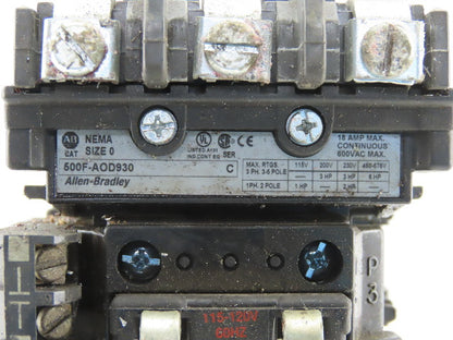 Allen Bradley 500F-AOD930 Sec. C Contactor Size 0 5Hp Starter 3P 120V Coil Relay