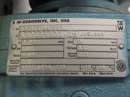 Sew Eurodrive R37DT71D4TFIS 44.8:1 Ratio 0.25kW 38RPM 277/480V Gear Motor
