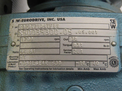 Sew Eurodrive R37DT71D4TFIS 44.8:1 Ratio 0.25kW 38RPM 277/480V Gear Motor