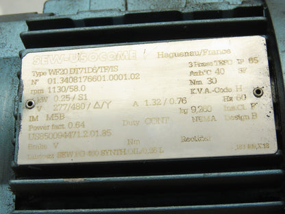 Sew Eurodrive WF20 DT71D6/TF/IS 9.50:1 1130/58 RPM Gear Motor 20mm Shaft 3Ph