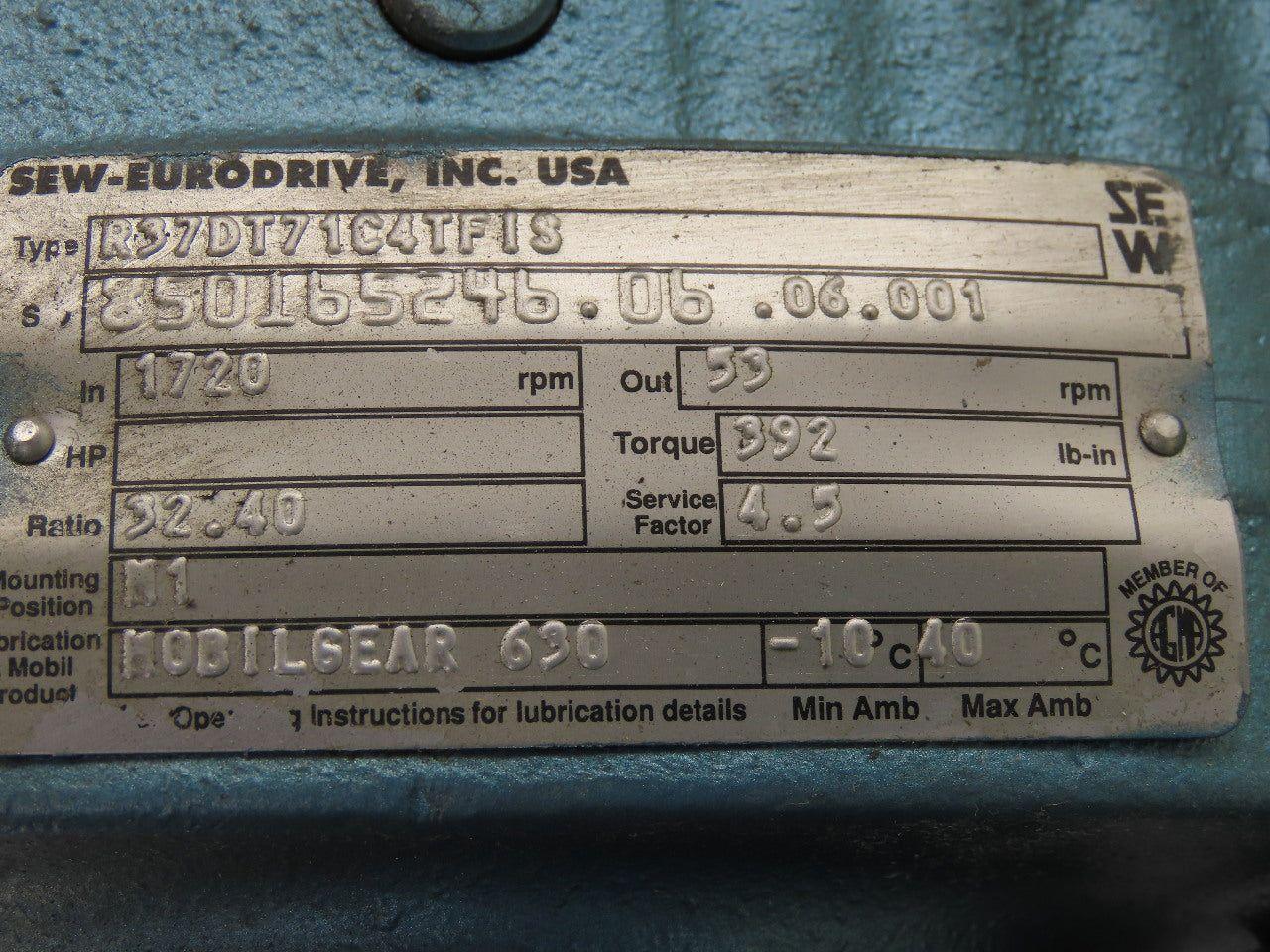 Sew Eurodrive 	 R37DT71C4TFIS 1/3HP Motor 230/460V 3Ph W/32.4:1 Inline Gearbox