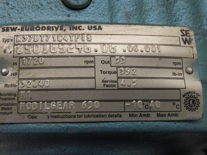 Sew Eurodrive 	 R37DT71C4TFIS 1/3HP Motor 230/460V 3Ph W/32.4:1 Inline Gearbox