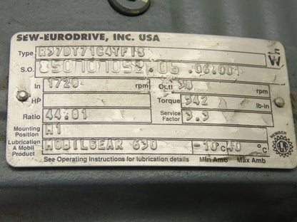 Sew Eurodrive R37DT71C4TFIS 1/3HP Motor 230/460V 3Ph W/44.81:1 Inline Gearbox