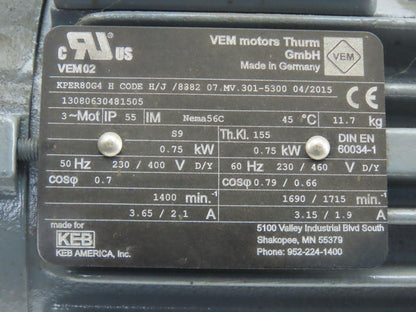 WEG 0.75Kw Electric Motor 230/460V 3Ph 1690/1715RPM 56C Frame