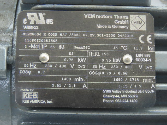 WEG 0.75Kw Electric Motor 230/460V 3Ph 1690/1715RPM 56C Frame