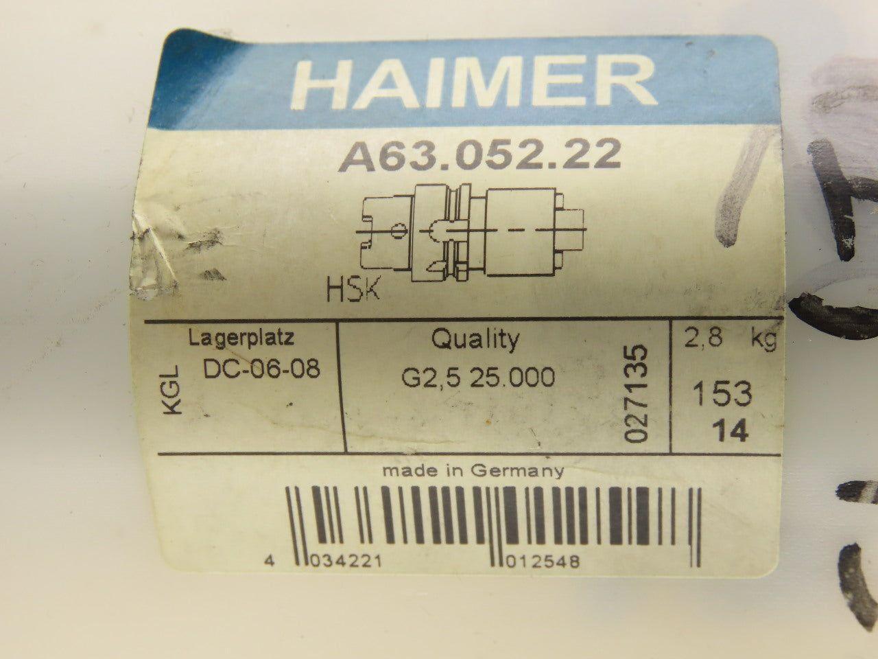 Haimer A63.052.22 HSK-A63 Face/Shell Mill Tool Holder 22mm Pilot 160mm Proj.