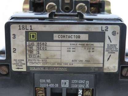 Square D 8502 SE01 3 Contactor Ser. A 600V Max 120V Coil 15Hp 1Ph