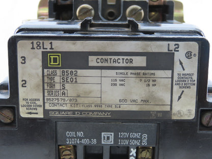 Square D 8502 SE01 3 Contactor Ser. A 600V Max 120V Coil 15Hp 1Ph