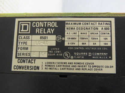Square D L0-40 Class 8501 Ser. A 120-600V Control Relay 110-120V Coil
