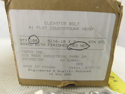 Tapco 5/16-18 x 2" Stainless Steel Elevator Bolt With Hex Nuts Lot of 100