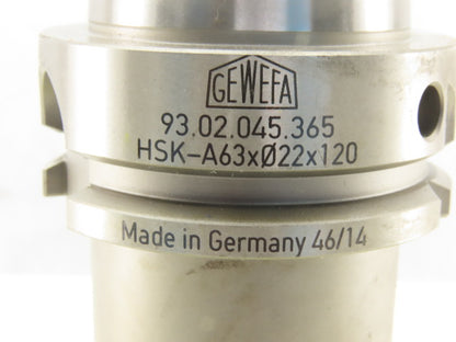 GEWEFA HSK-A63 z022x120-4X90° Shell/Face Mill Tool Holder 22mm Pilot 120mm Proj.
