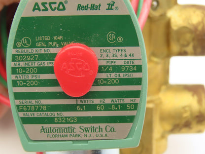 Asco Red Hat 8321G3 Solenoid Valve 1/4" NPT 3 Way 120V Coil