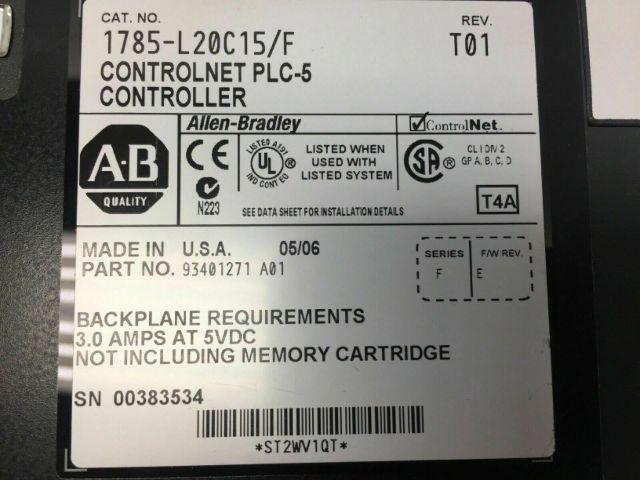 Allen Bradley 1785-L20C15/F Controlnet PLC-5 Controller Series F Rev T01