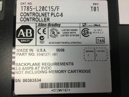 Allen Bradley 1785-L20C15/F Controlnet PLC-5 Controller Series F Rev T01