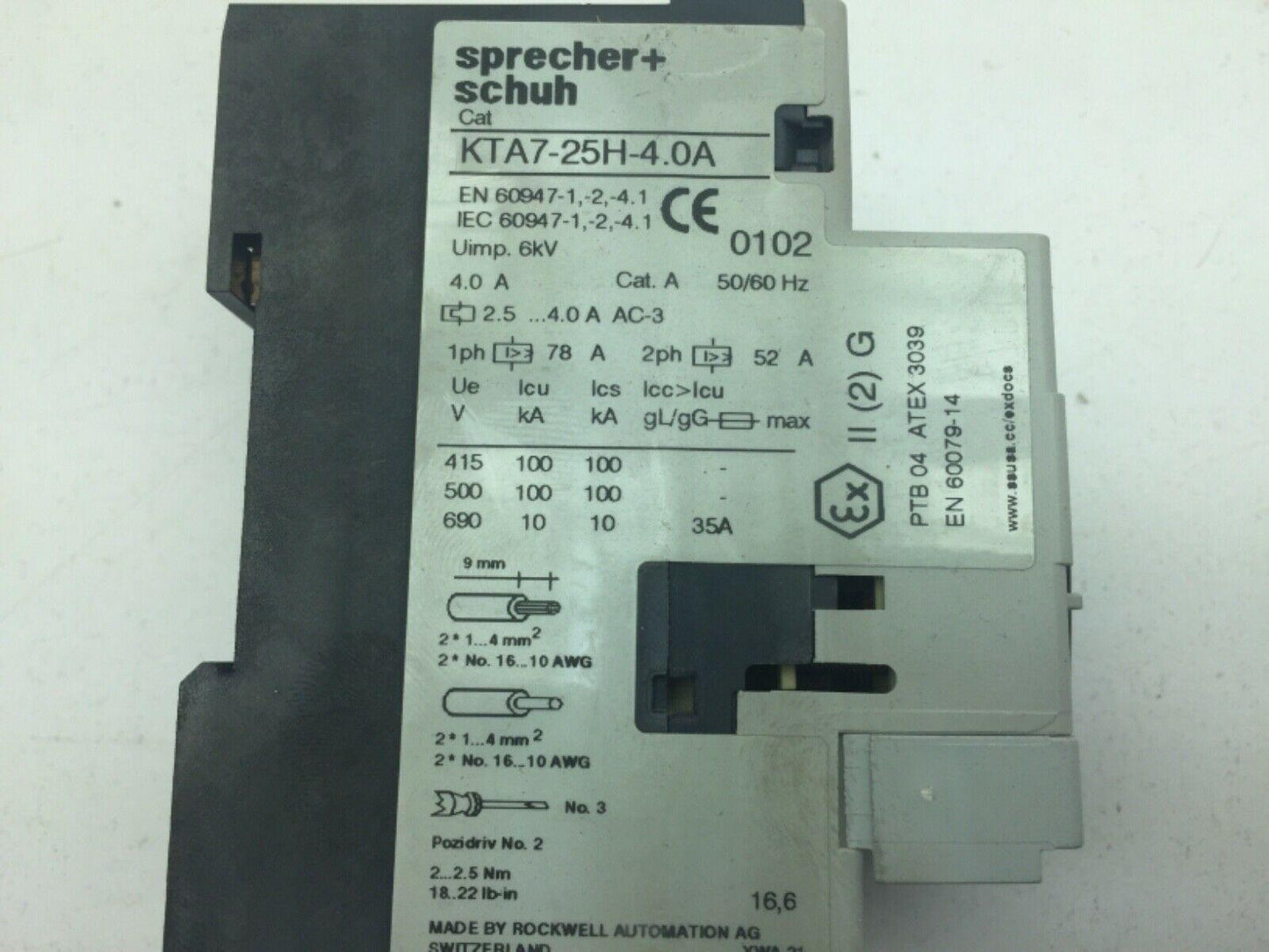 Sprecher+Schuh KTA7-25H-4.0A Motor Circuit Breaker 3 Pole  4.0A CAT.A 50/60Hz