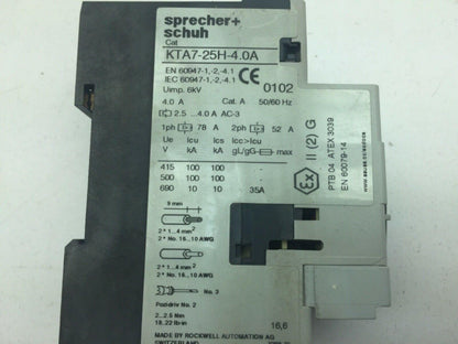 Sprecher+Schuh KTA7-25H-4.0A Motor Circuit Breaker 3 Pole  4.0A CAT.A 50/60Hz