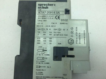 Sprecher+Schuh KTA7-25H-4.0A Motor Circuit Breaker 3 Pole  4.0A CAT.A 50/60Hz