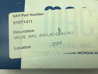 Mac 45A-LAC-DAAJ-1KJ Solenoid Valve 120PSI 110-120VDC Coil 5.4W 1/8"NPT