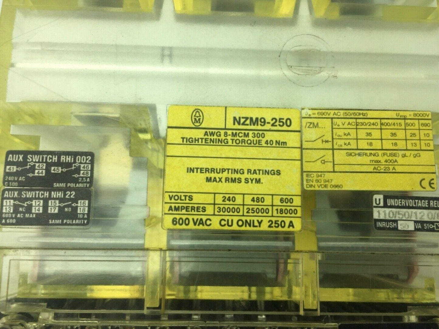 Moeller NZM9-250 Circuit Breaker 600A 250A W/ZM9A-150-NA Thermal Trip 150A 3Pole