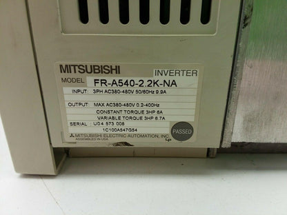 Mitsubishi FR-A540-2.2K-NA Inverter Drive 380-480VAC 9.9A 3HP 3 Phase