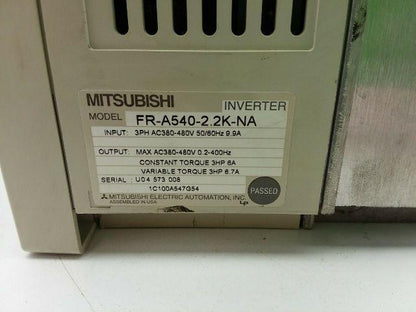 Mitsubishi FR-A540-2.2K-NA Inverter Drive 380-480VAC 9.9A 3HP 3 Phase