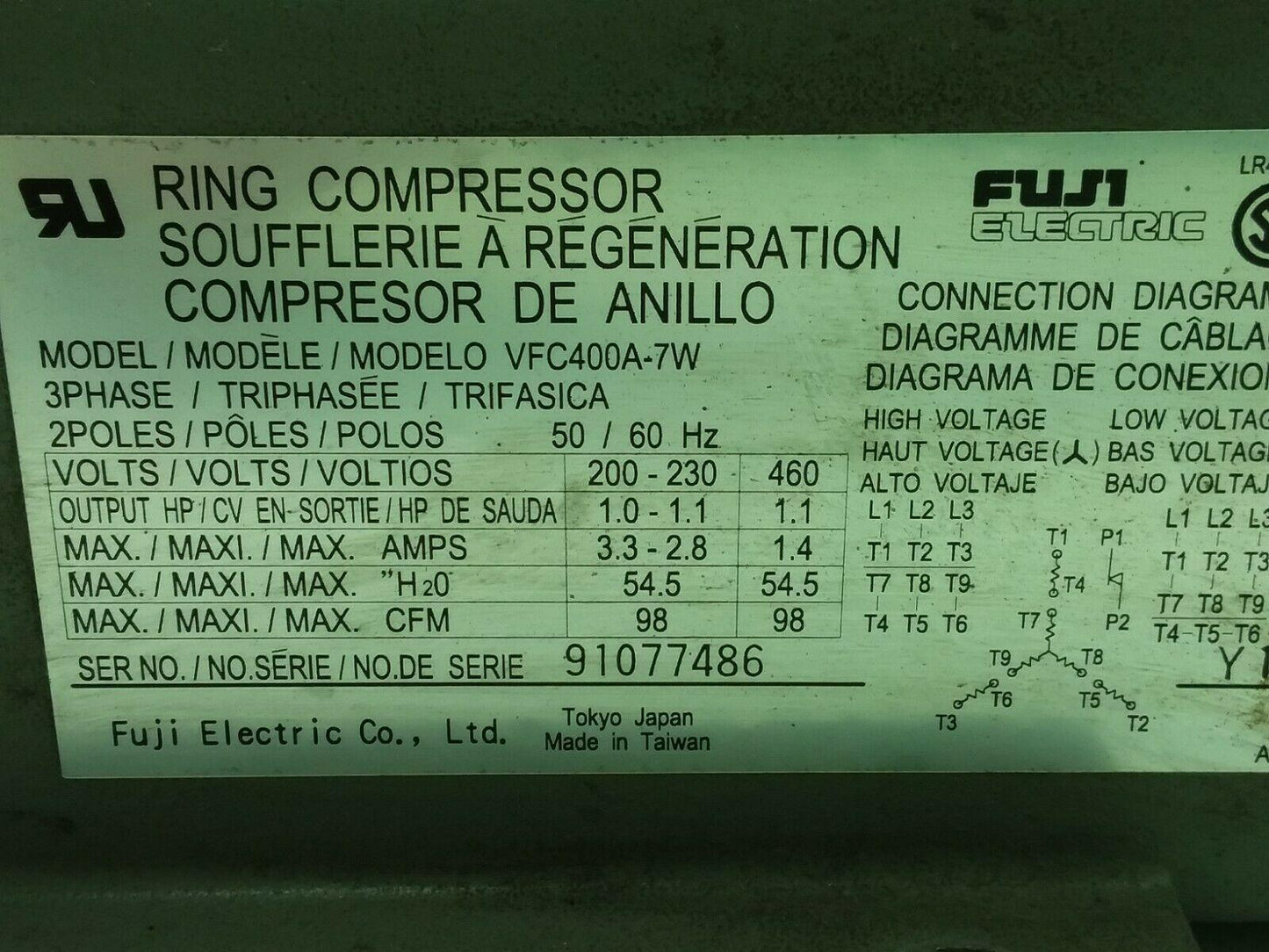 Fuji Electric VFC400A-7W Regenerative Blower 3 Phase  200-230/600V 3.3A 1 1/2NPT