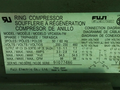 Fuji Electric VFC400A-7W Regenerative Blower 3 Phase  200-230/600V 3.3A 1 1/2NPT